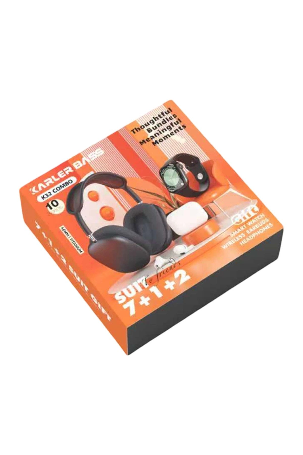 Mey İthalat® K32 Kombo 7 Adet Kordon Akıllı Saat Airpods Kulaklık Kafa Üstü Kablosuz Kulaklık Set - Siyah