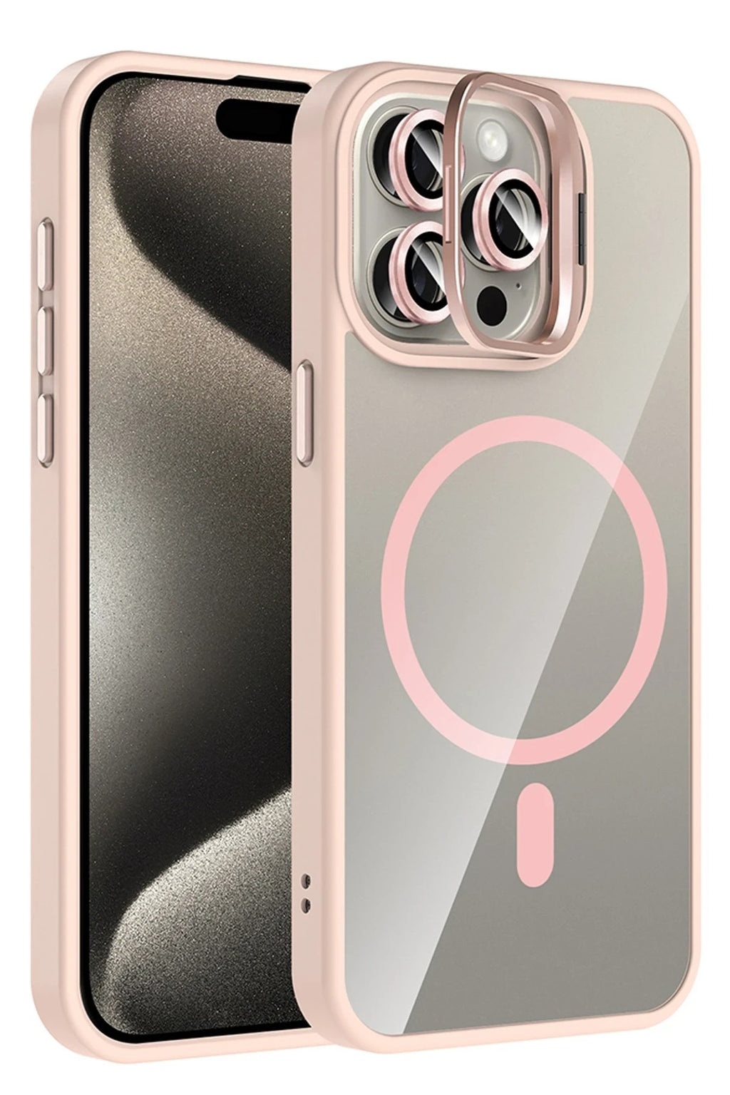 Mey İthalat® iPhone 15 Pro Max Remim Lensli Magsafe Standlı Kapak - Pembe