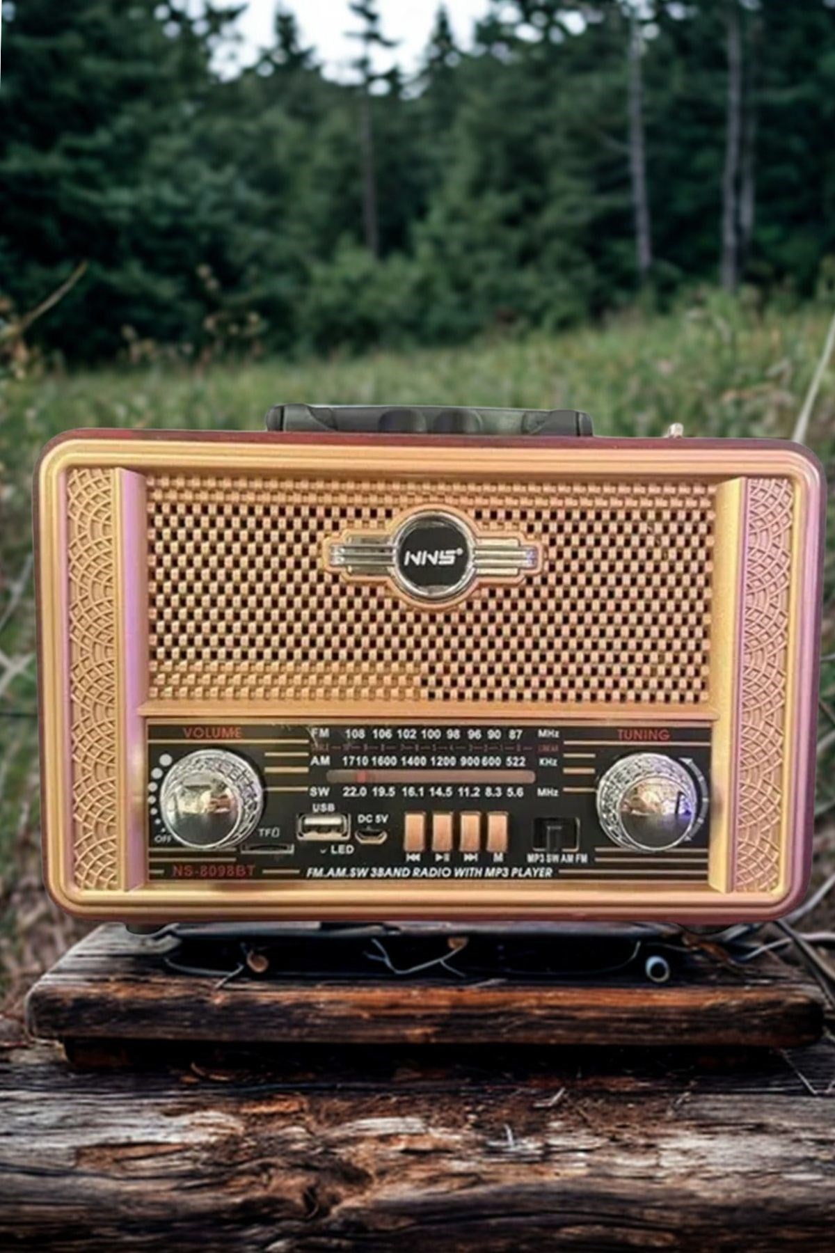 Retro, Nostaljik, Ahşap Tasarım Bluetooth Hoparlörlü, Şarjlı, Taşınabilir Otantik Tasarımlı FM/AM Destekli Radyo NS8098