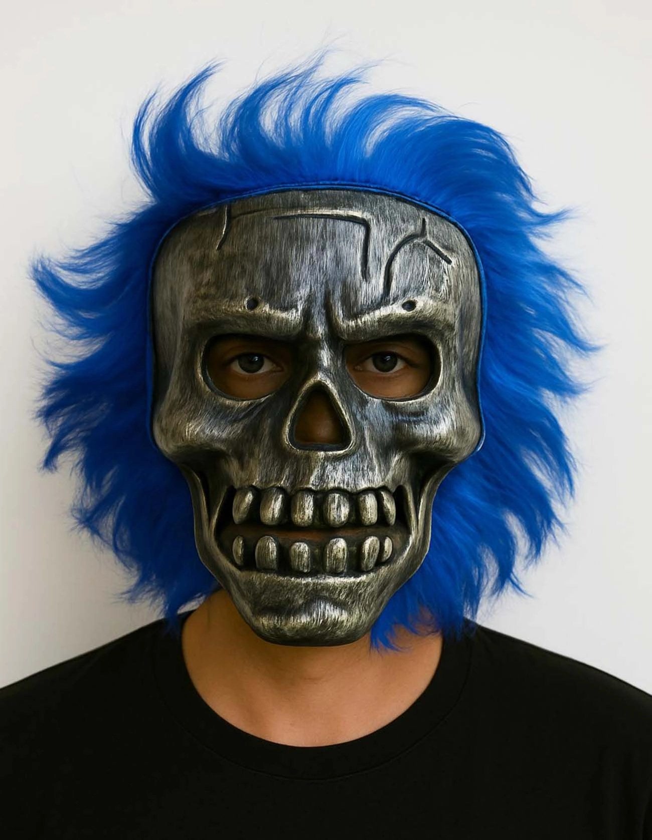 Mey İthalat® Wild Skull - Gümüş Kafatası Mavi Saçlı İskelet Maske