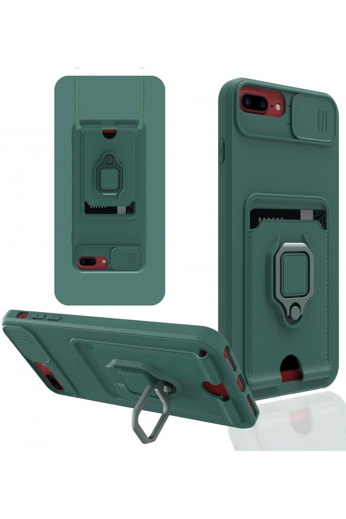Mey İthalat® iPhone 7 Plus Kılıf Zuma Kartvizitli Yüzüklü Silikon - Yeşil