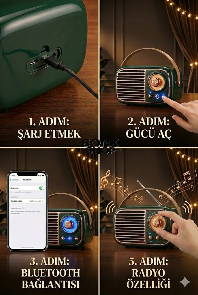 SONX Nostaljik Retro Bluetooth - FM Radyo, USB ve Bluetooth Kablosuz Hoparlör