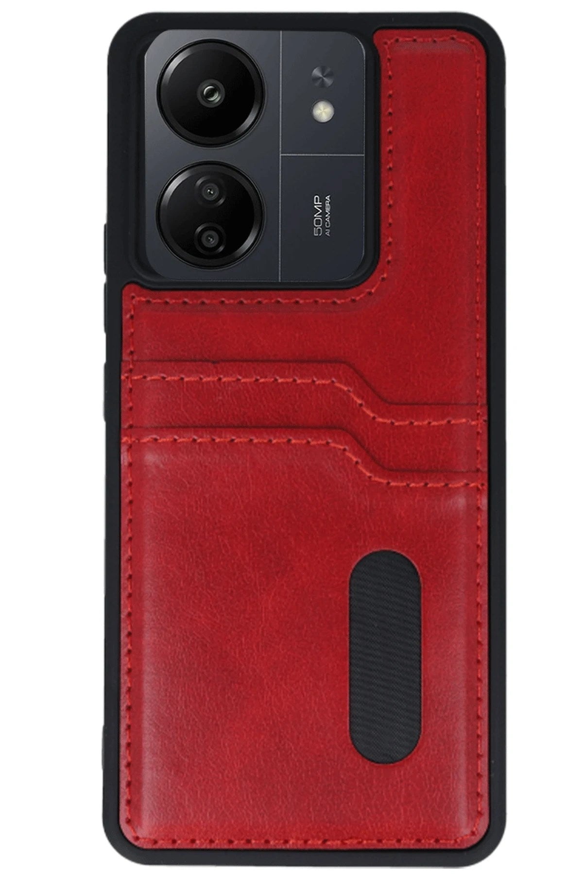 Mey İthalat® Redmi 13C Kılıf Sara Kartvizitli Deri Kılıf - Kırmızı