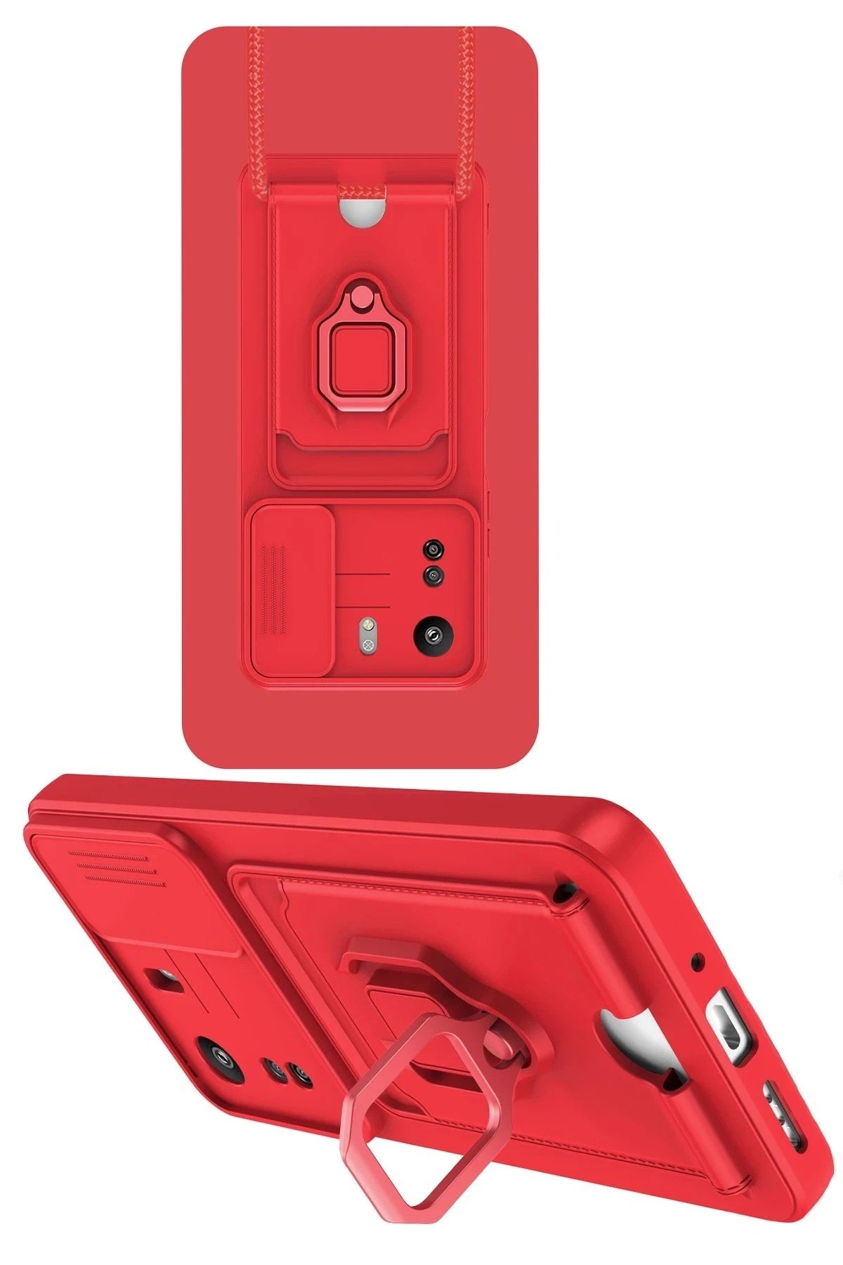 Mey İthalat® Redmi 13C Kılıf Zuma Kartvizitli Yüzüklü Silikon - Kırmızı