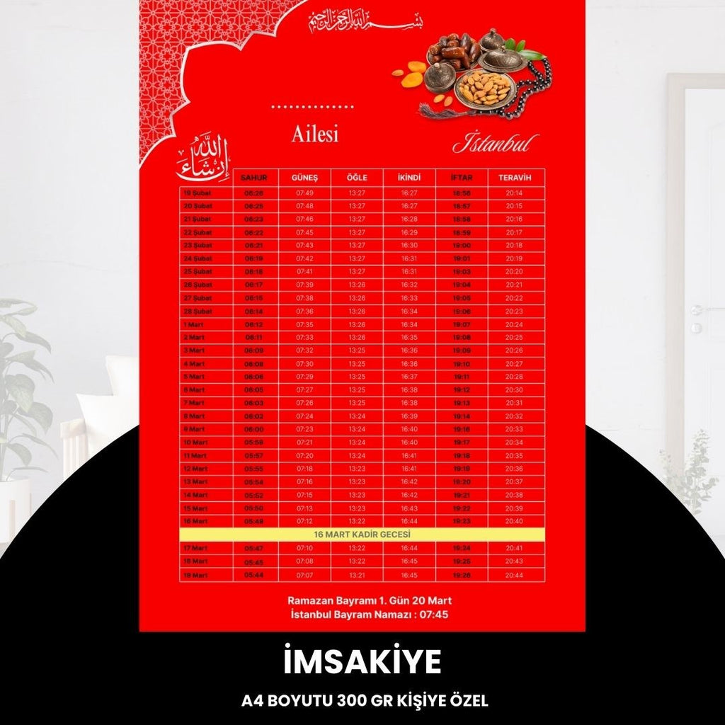 Ramazan İmsakiyesi - 300 Gr - A4 Boyut Kişiye Özel İsimli & Logolu 1 Adet Kırmızı