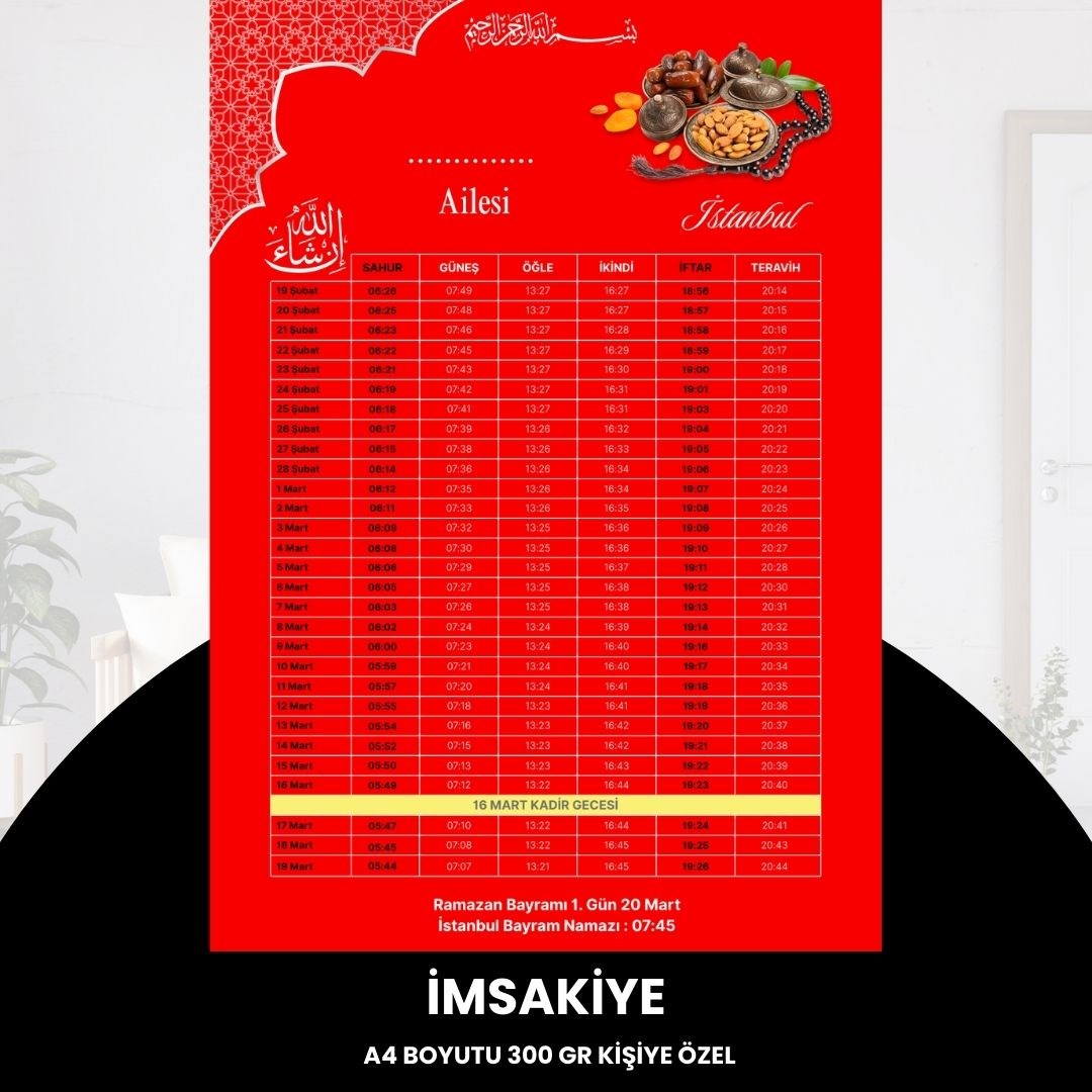 Ramazan İmsakiyesi - 300 Gr - A4 Boyut Kişiye Özel İsimli & Logolu 1 Adet Kırmızı