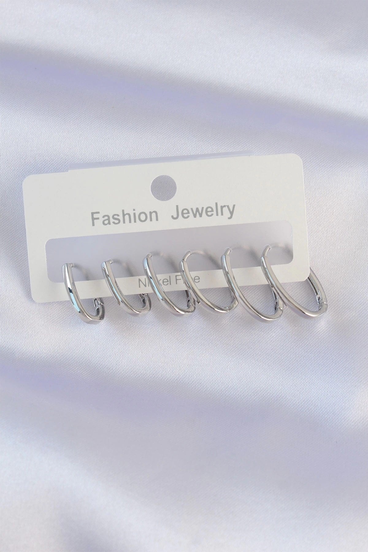 Mey İthalat® Pirinç Gümüş Renk İnce Oval Küpe Seti