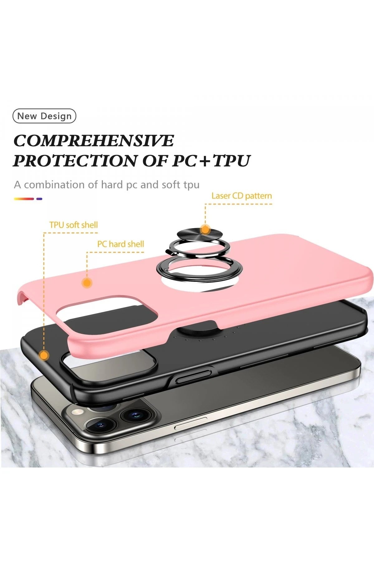 Mey İthalat® iPhone 13 Pro Max Kılıf Elit Yüzüklü Kapak - Pembe