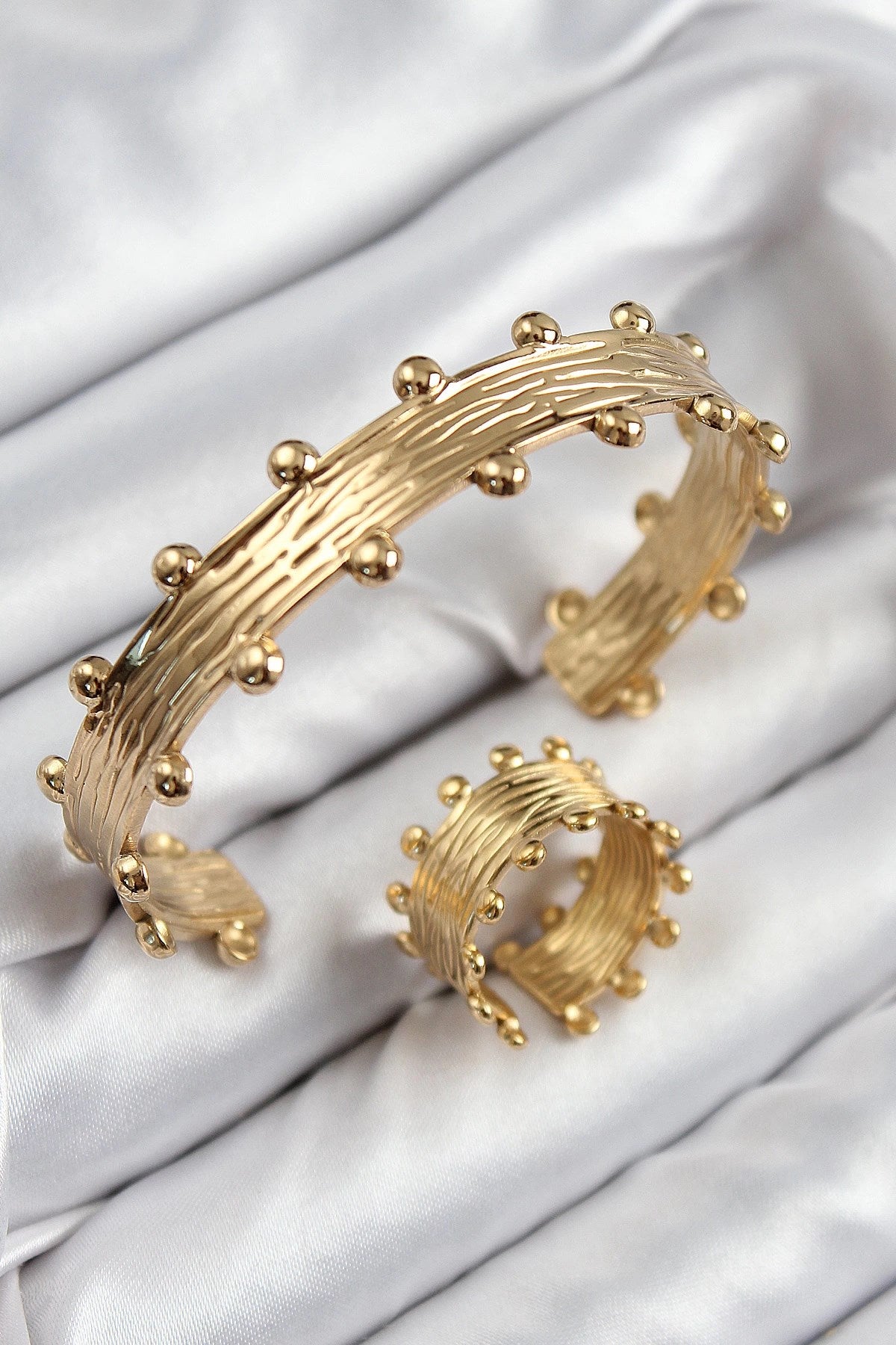 Mey İthalat® Pirinç Topcuk Model Gold Renk Bileklik Yüzük Set