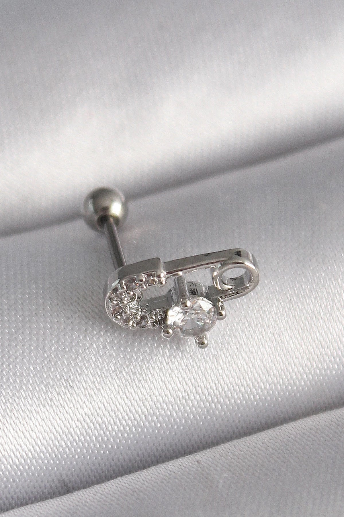 Mey İthalat® 316L Çelik Gümüş Renk Zirkon Taşlı Toplu İğne Tragus Piercing