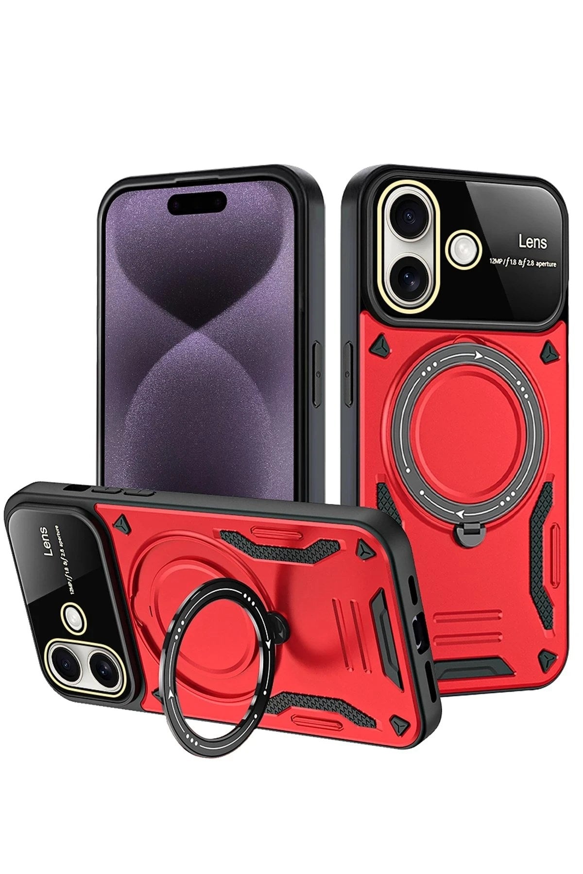 Mey İthalat® iPhone 16 Kılıf Joy Lens Standlı Kapak - Kırmızı
