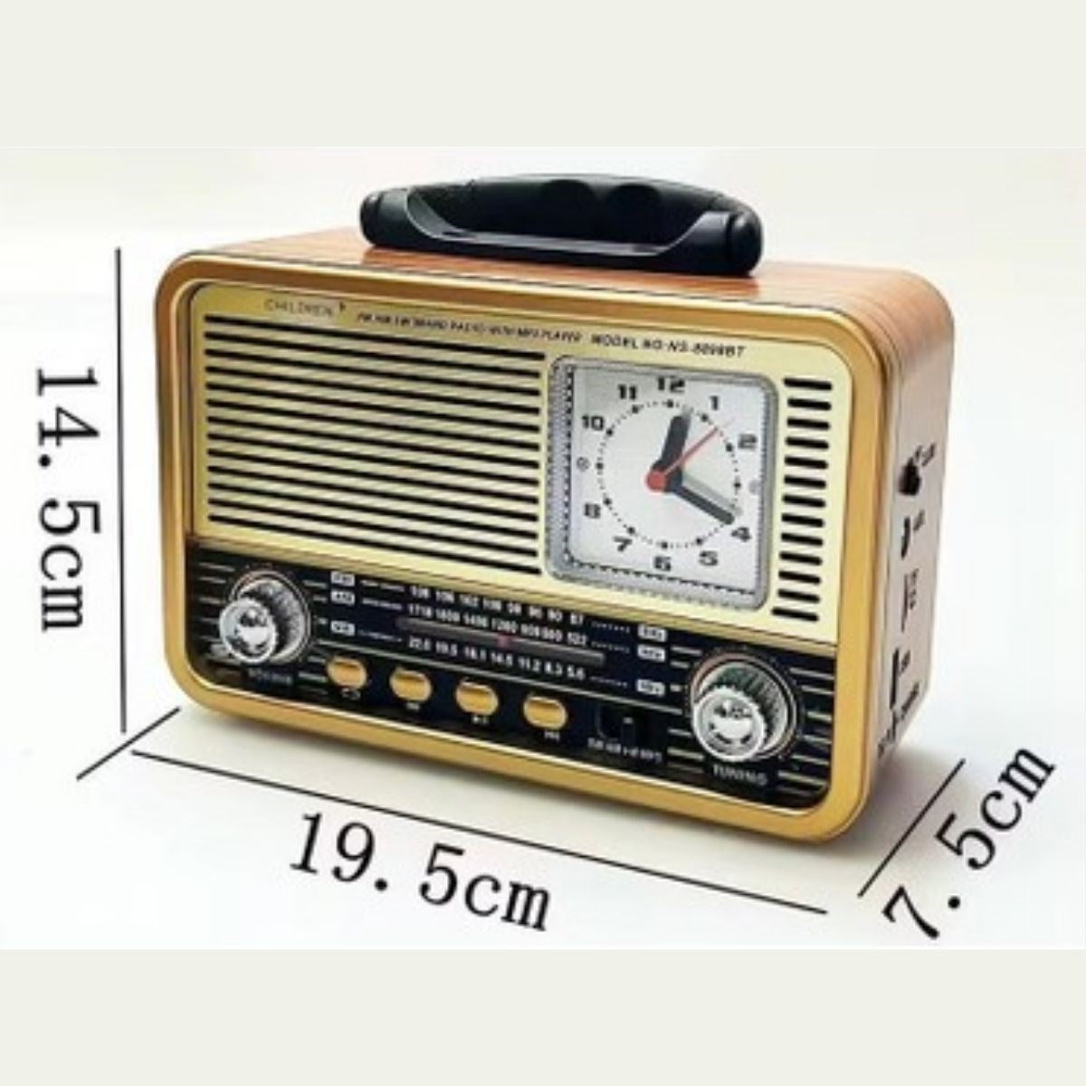 Orta Boy Saat Göstergeli Retro Ahşap Tasarım Bluetooth Hoparlörlü Radyo – FM/AM Destekli, Şarjlı ve Taşınabilir Radyo NS-8898
