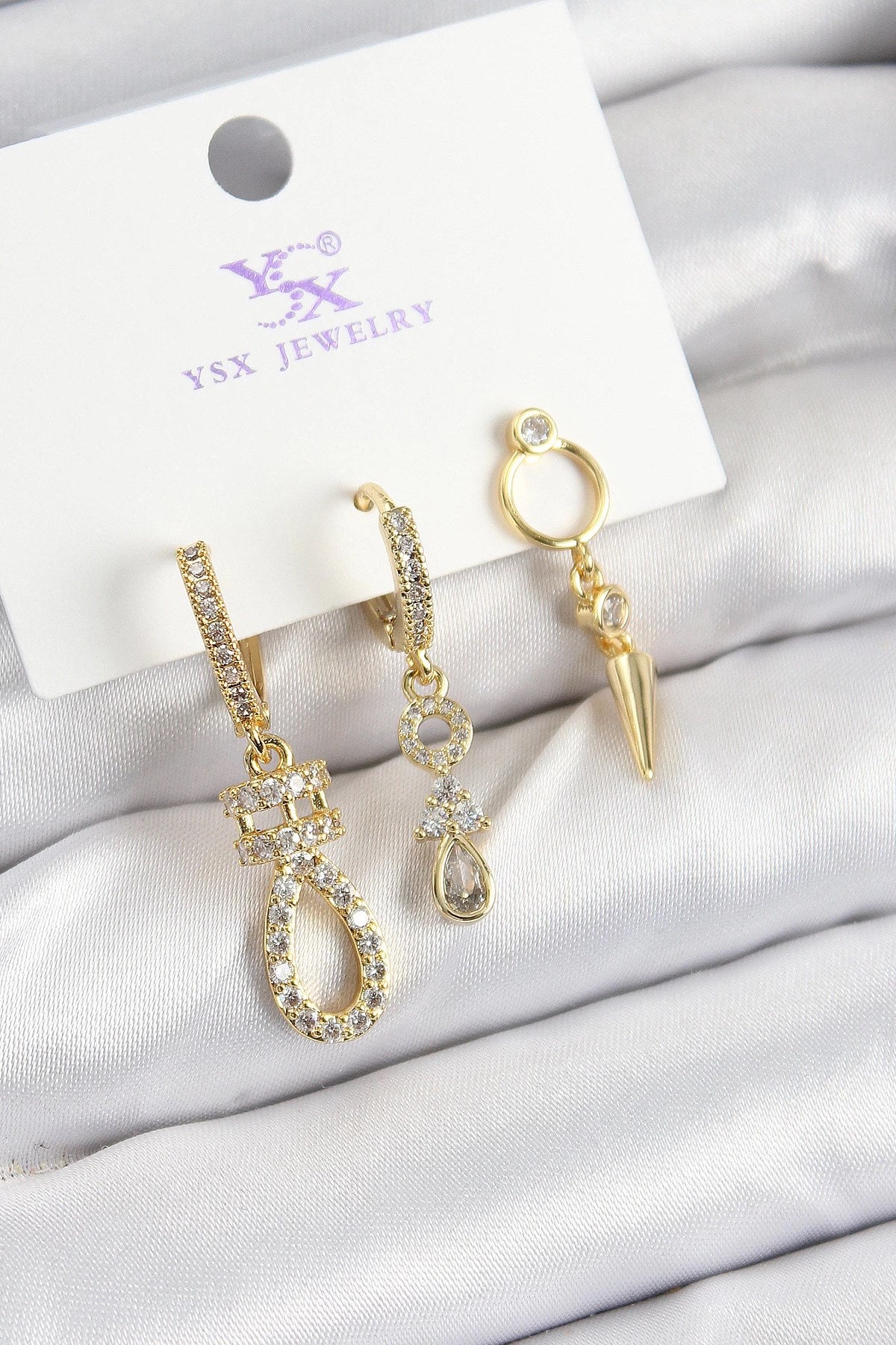Mey İthalat® Pirinç Zİrkon Taşlı Sallantılı Model Gold Renk 3'lü Kadın Küpe