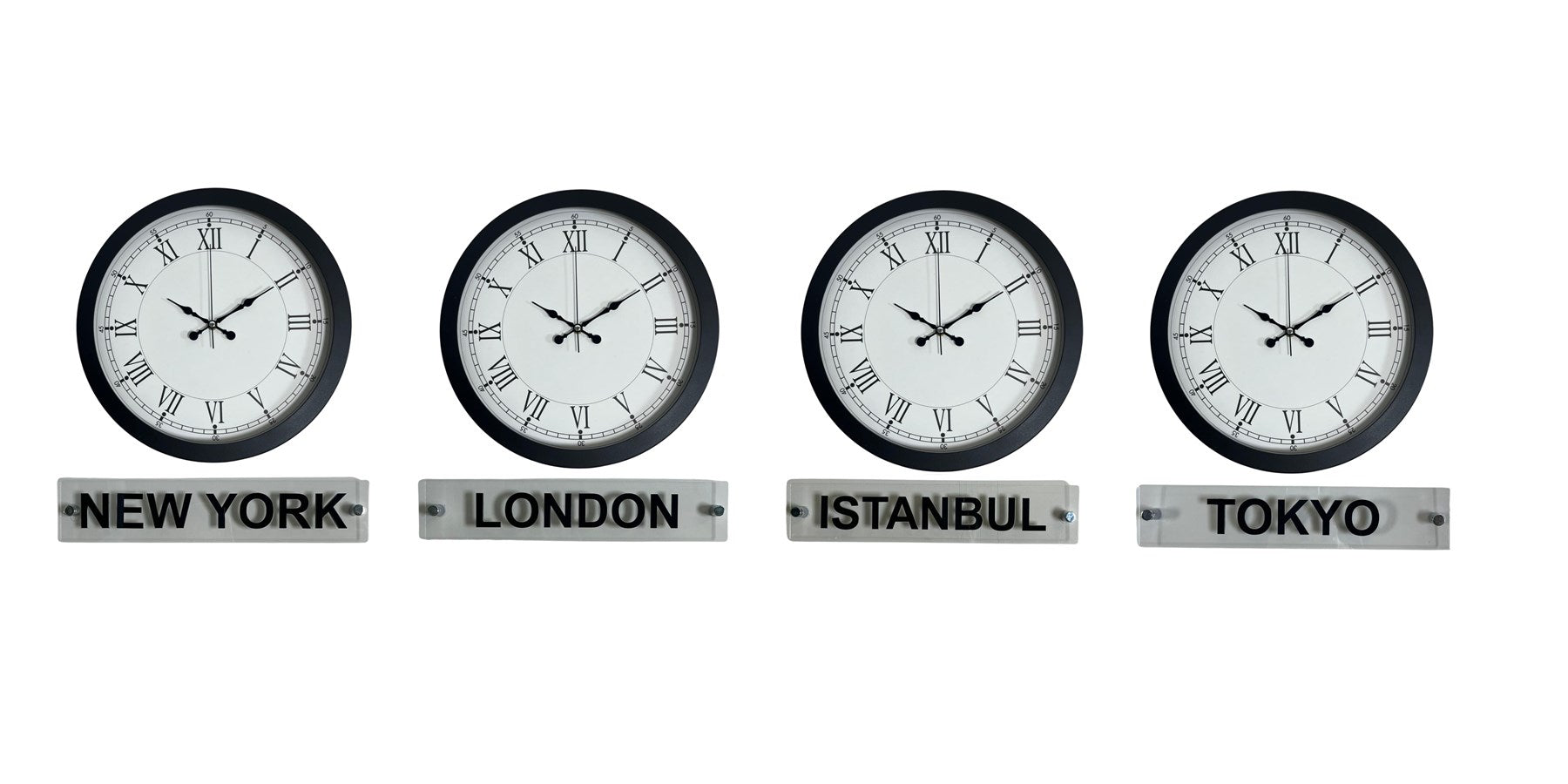 World Time Pro 4’lü Metal Siyah 36 cm Dünya Duvar Saati