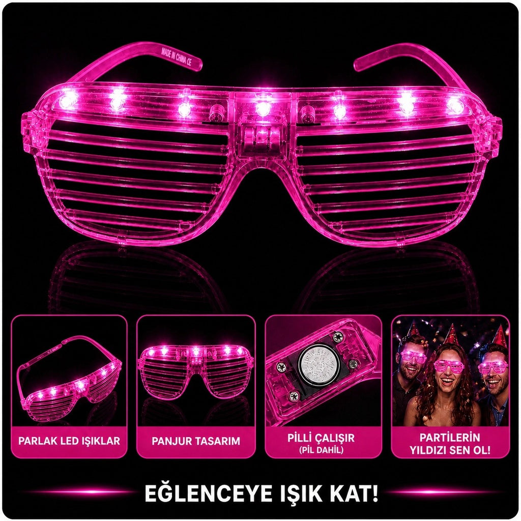 Mey İthalat® LED Işıklı Panjur Parti Gözlüğü Pembe Renk Shutter Gözlük