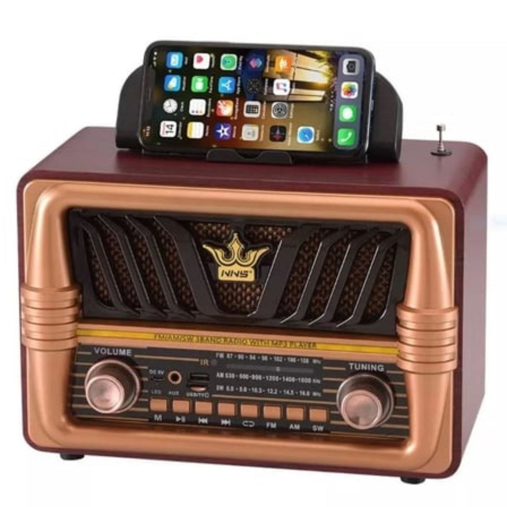 Büyük Boy Telefon Tutma Saplı Retro Ahşap Tasarım Bluetooth Hoparlörlü Radyo – FM/AM Destekli, Şarjlı ve Taşınabilir Radyo NS-8077