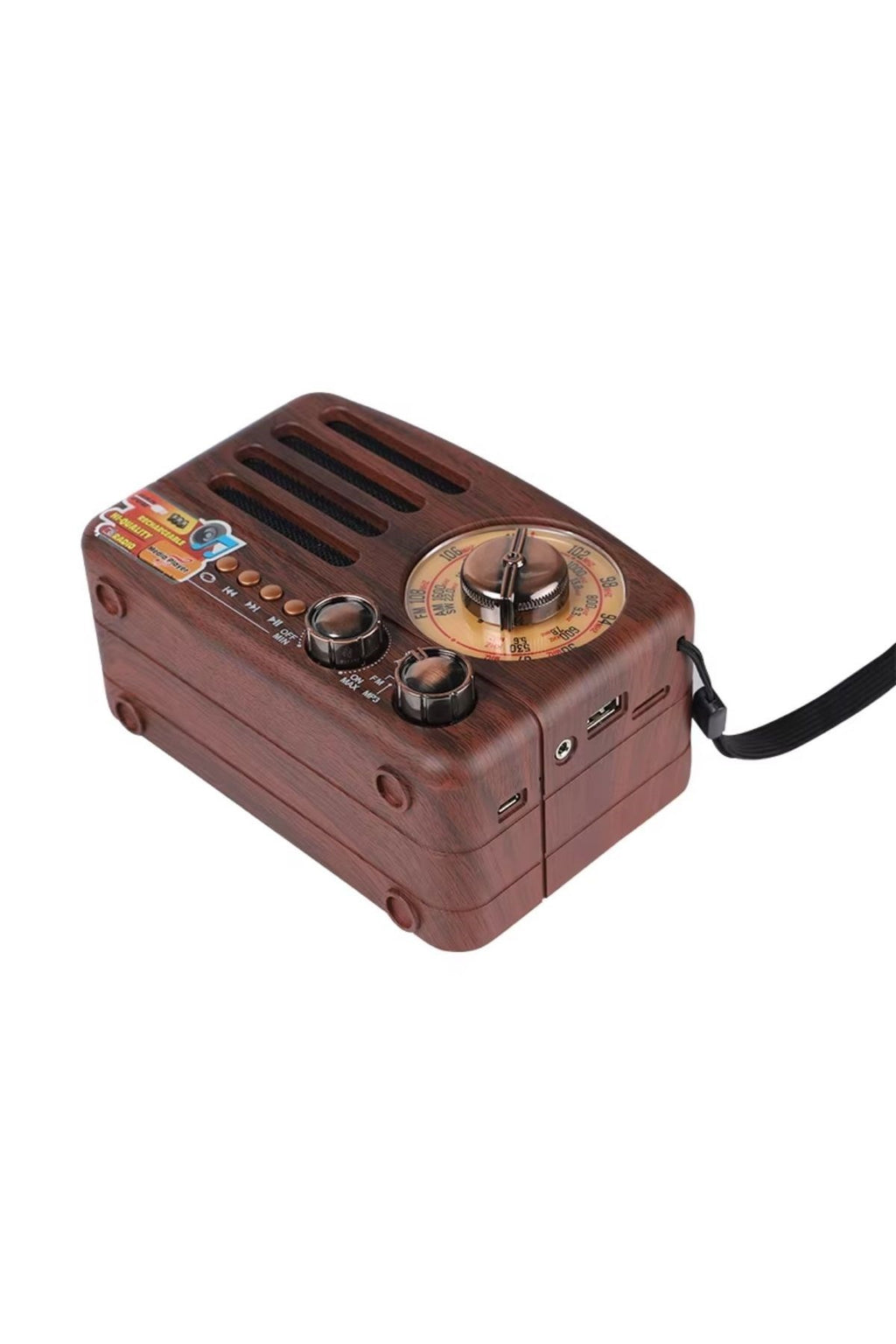Küçük Boy Retro, Nostaljik, Ahşap Tasarım Bluetooth Hoparlörlü, Şarjlı, Taşınabilir Büyük Döndürülebilen Düğmeli FM/AM Destekli Radyo NS3380