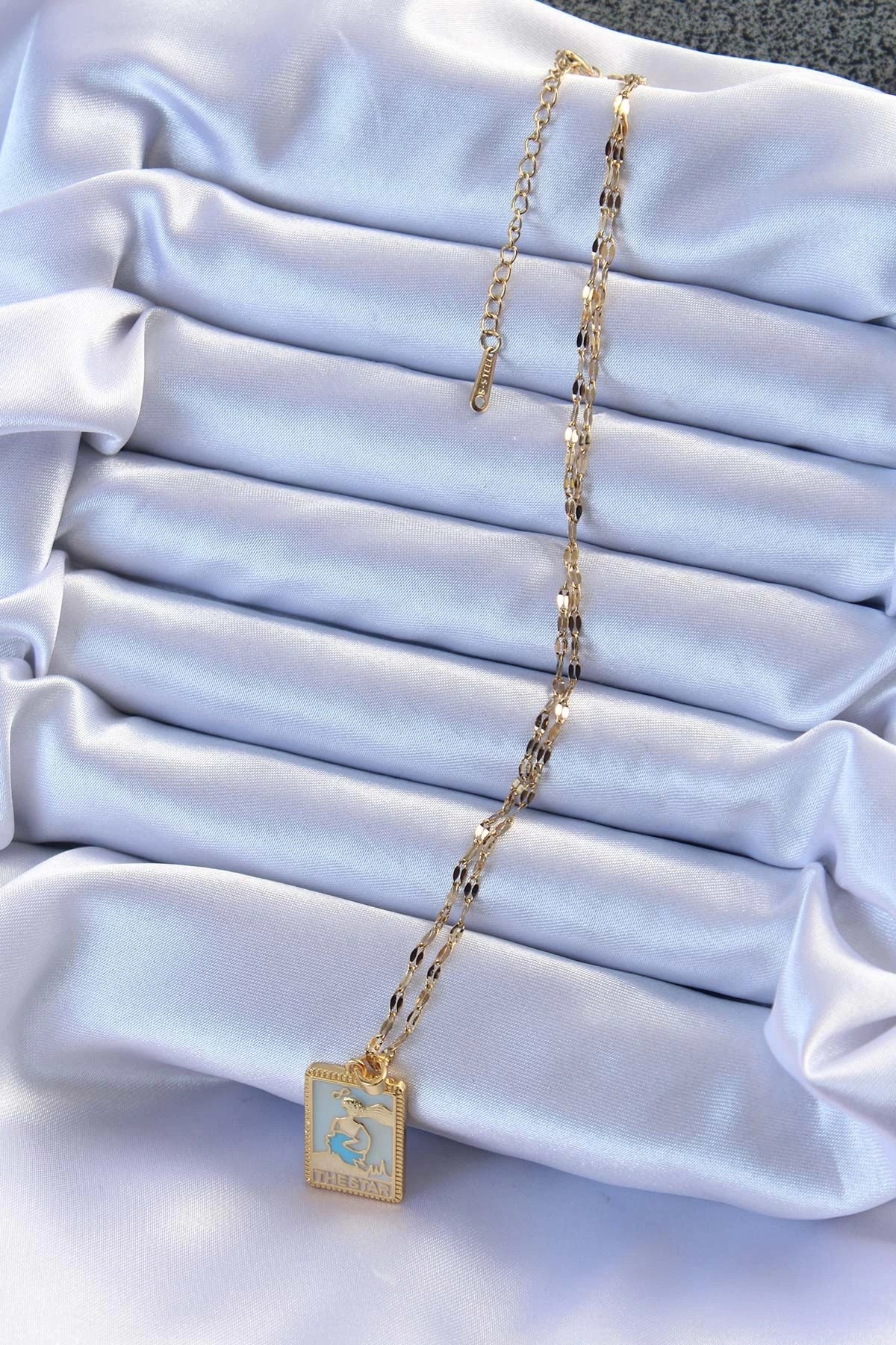 Mey İthalat® 316L Çelik Zincir Altın Renk Mavi Mineli Tarot Kolye