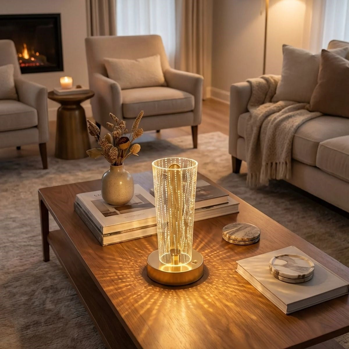 Silindirik Kristal Nokta Model LED Masa Lambası – Gold Tabanlı, Dokunmatik, 3 Renk Işık Modlu, Şarjlı Modern Dekoratif Gece Lambası