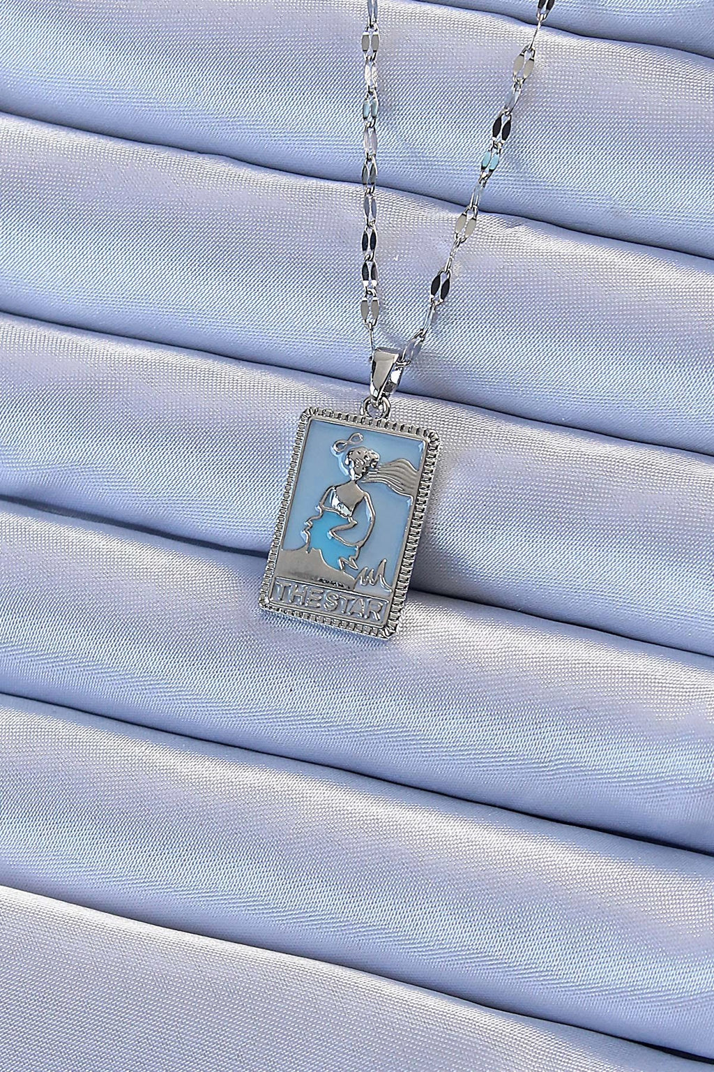Mey İthalat® 316L Çelik Zincir Gümüş Renk Mavi Mineli Tarot Kolye