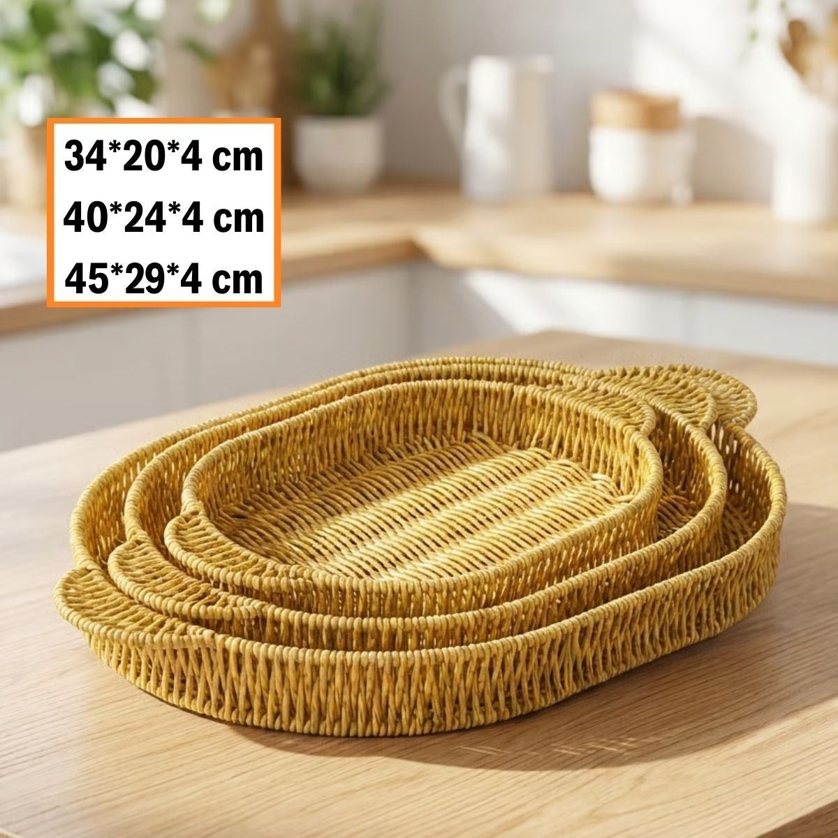 İç İçe Geçebilen 3’lü Oval Plastik Rattan Tepsi Seti–Hasır Görünümlü Çok Amaçlı Servis ve Sunum Tepsileri