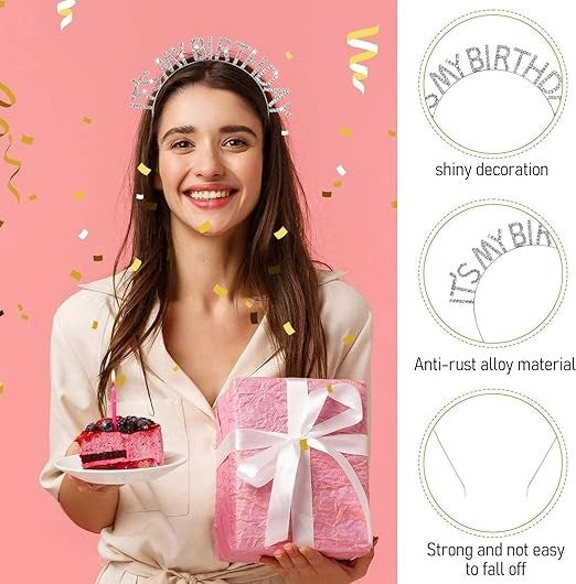 Mey İthalat® Kristal Taşlı Gümüş Renk İt&amp;#39;s My Birthday Yazılı Doğum Günü Parti Tacı 14x16 cm