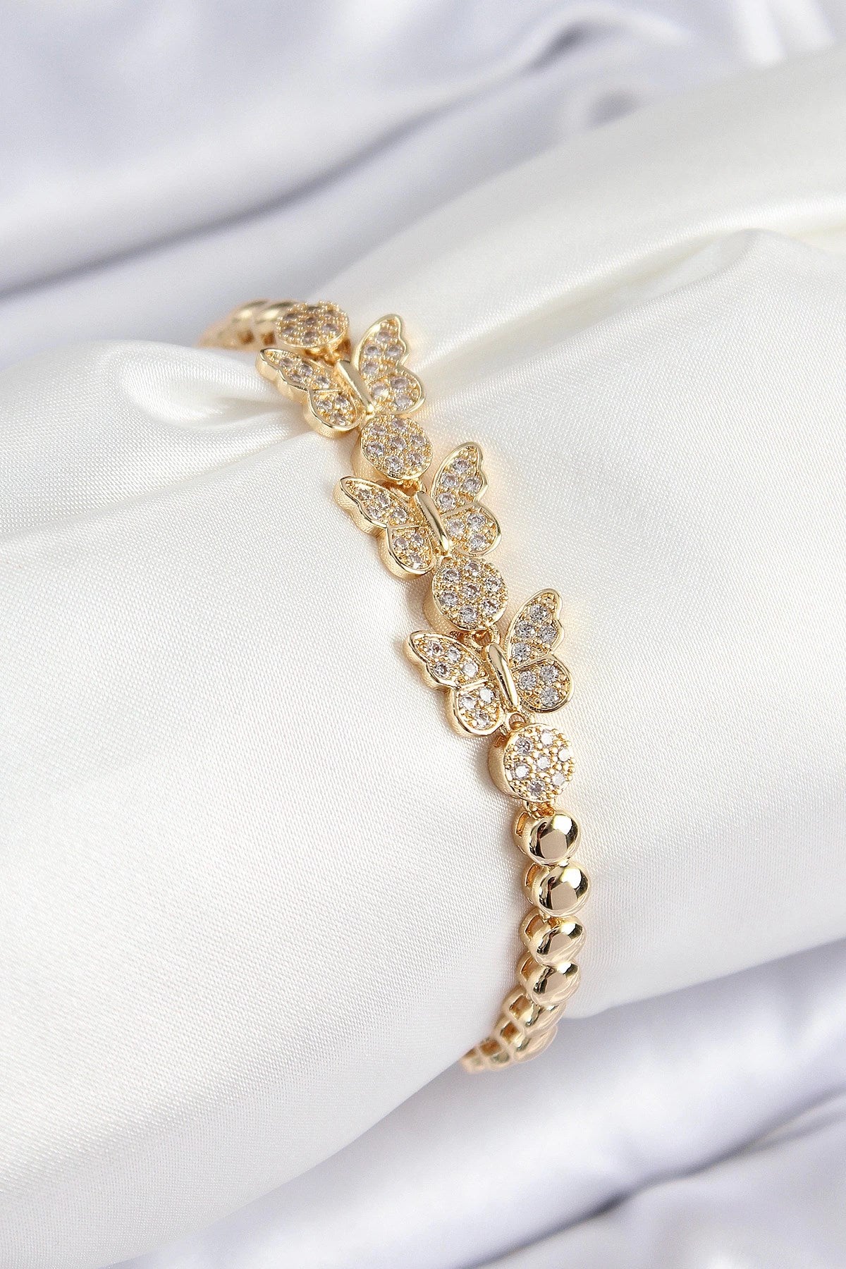Mey İthalat® Pirinç Zirkon Taşlı Kelebek Model Gold Renk Kadın Bileklik