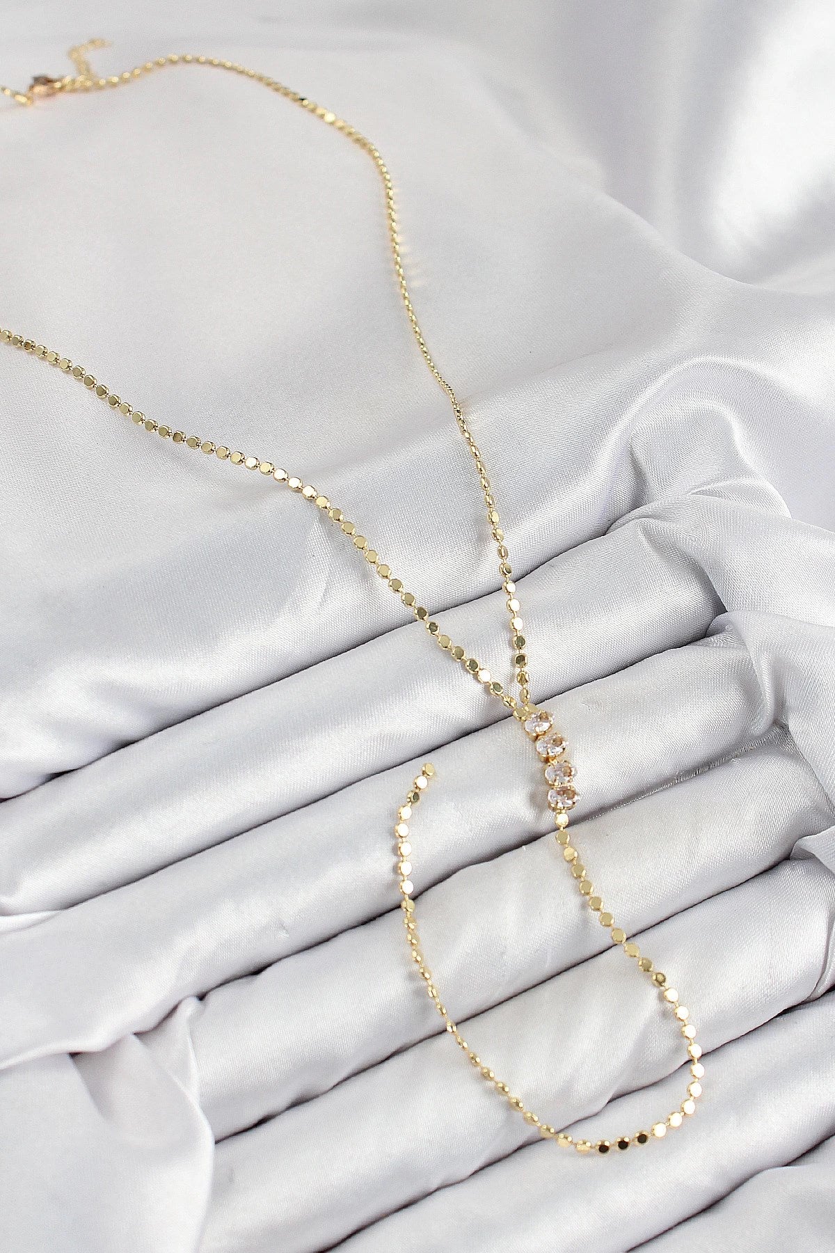 Mey İthalat® Pirinç Zirkon Taşlı Ezme Zincirli Model Gold Renk Y Kolye