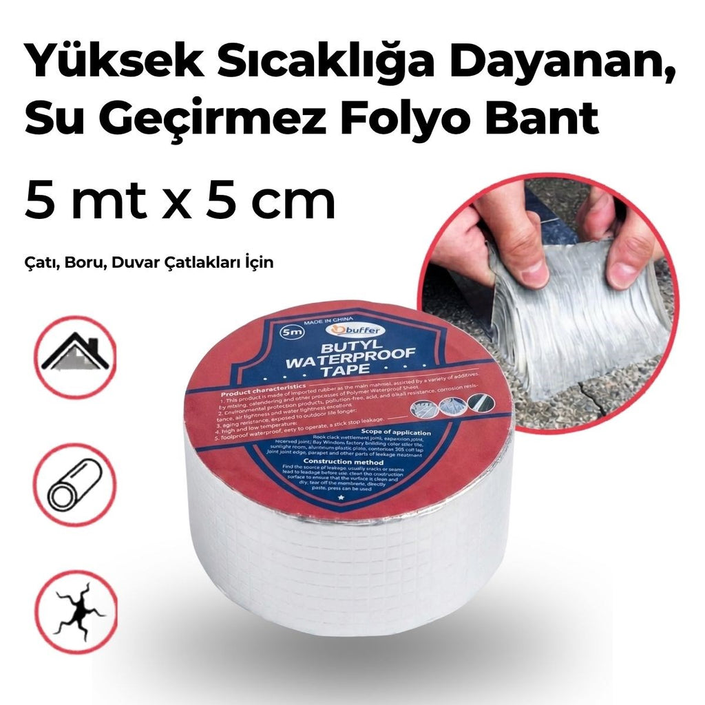 Yüksek Sıcaklık Dayanan Su Geçirmez Çatı Boru Duvar Çatlak Onarıcı Yapışkan Bant Folyo 5 cm