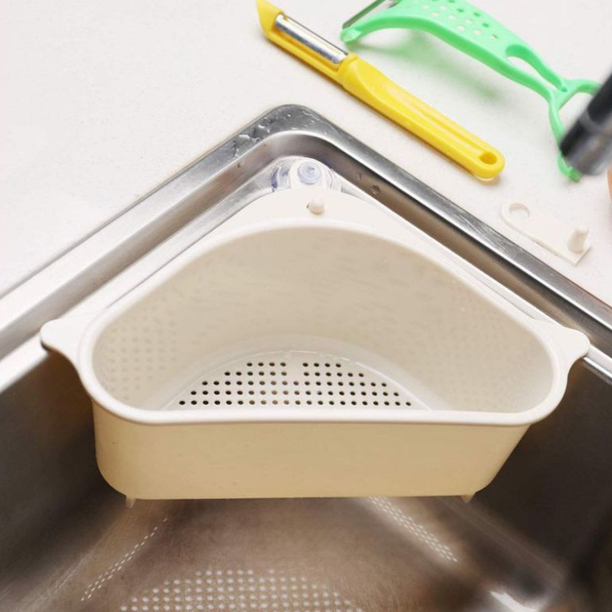 Vantuzlu Üçgen Sebze Meyve Lavabo Raf Evye Süzgeç Sünger Tutucu Düzenleyici Mutfak Organize