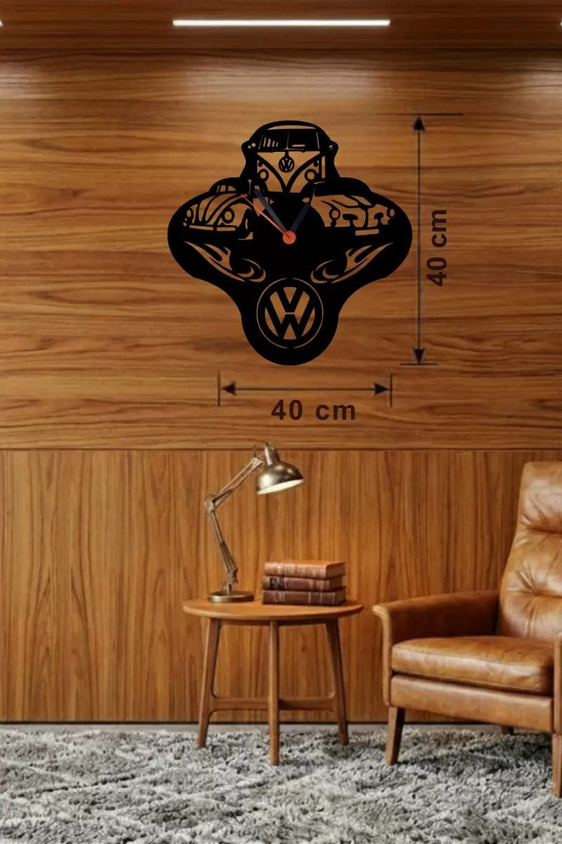 Mey İthalat® Vosvos ve Retro Araba Temalı Ahşap Duvar Saati - 40x40 cm Lazer Kesim