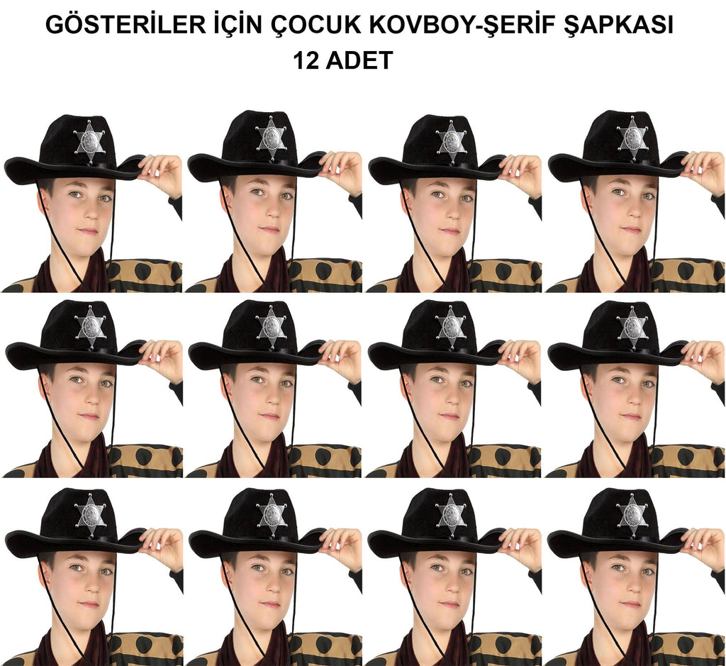 Mey İthalat® Kovboy Şerif Şapkası Siyah 12 Adet - Kostüm, Parti ve Gösteri Şapkası