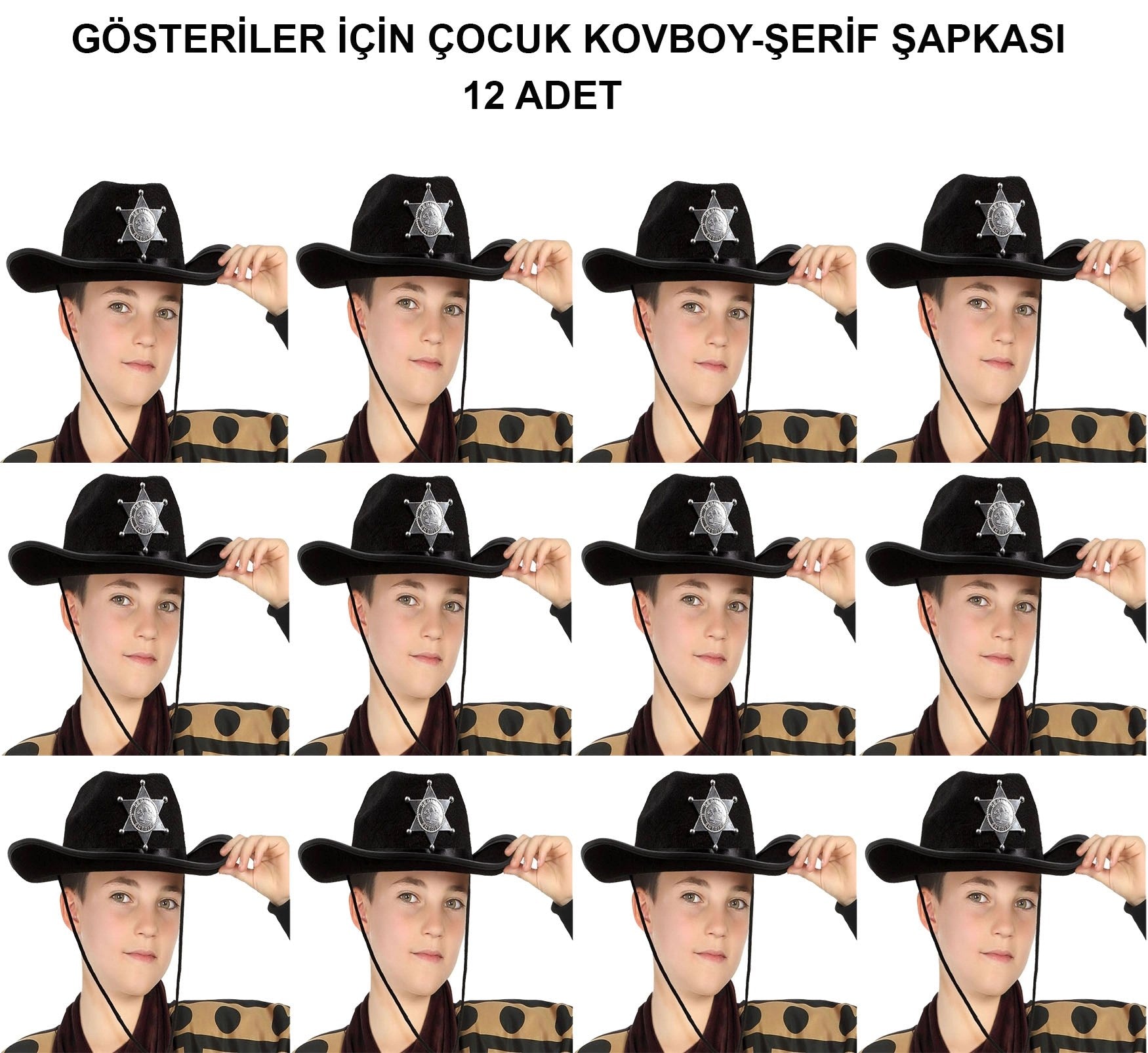 Mey İthalat® Kovboy Şerif Şapkası Siyah 12 Adet - Kostüm, Parti ve Gösteri Şapkası