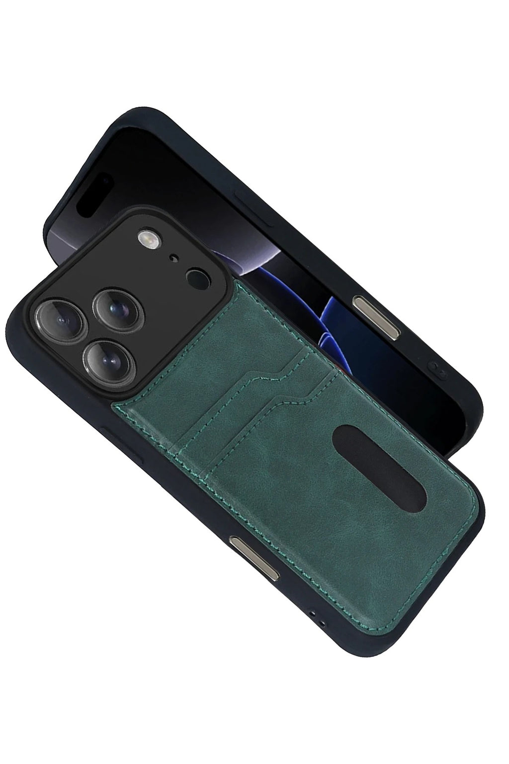 Mey İthalat® iPhone 17 Pro Sara Kartvizitli Deri Kılıf - Yeşil