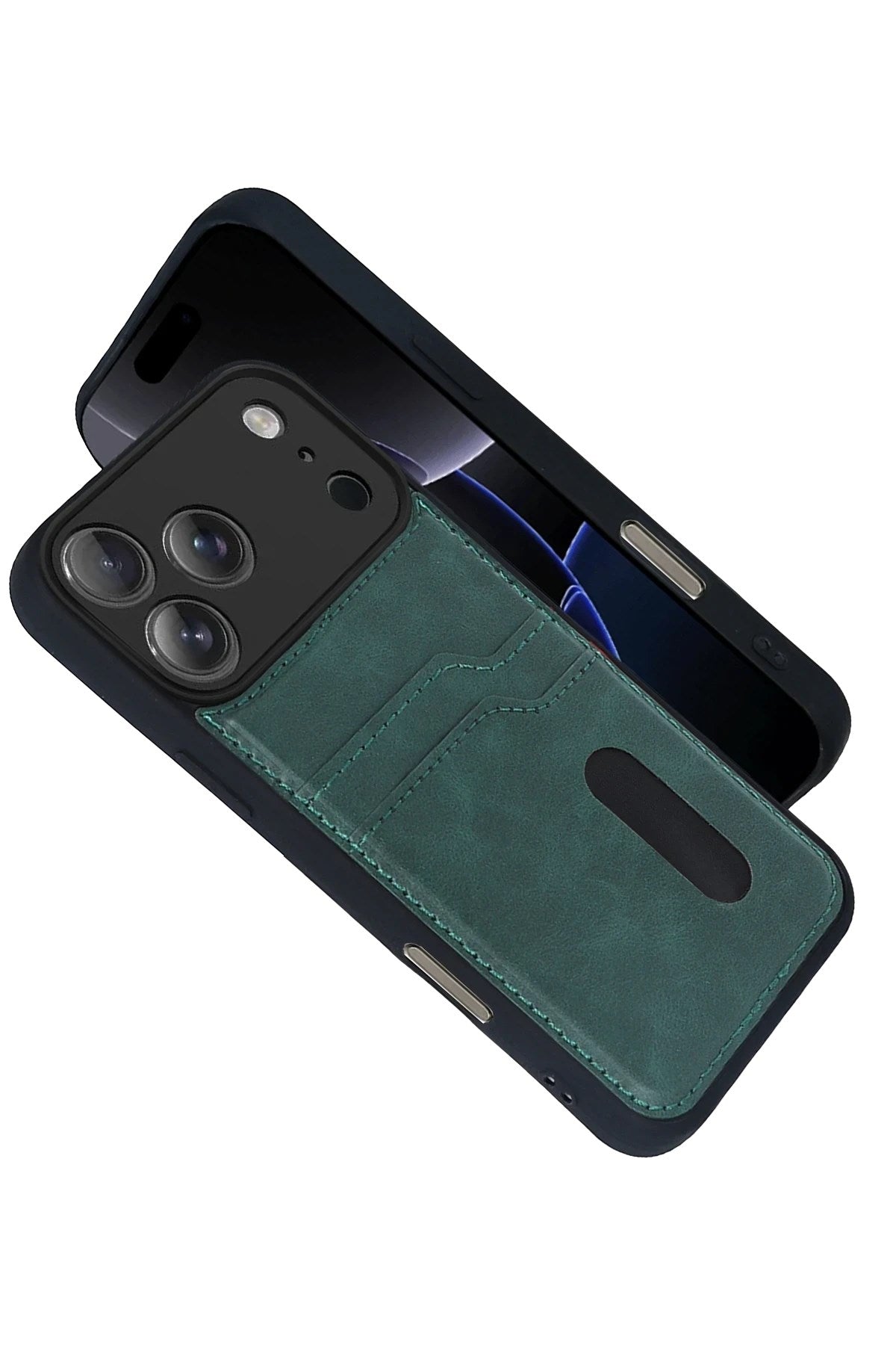 Mey İthalat® iPhone 17 Pro Sara Kartvizitli Deri Kılıf - Yeşil
