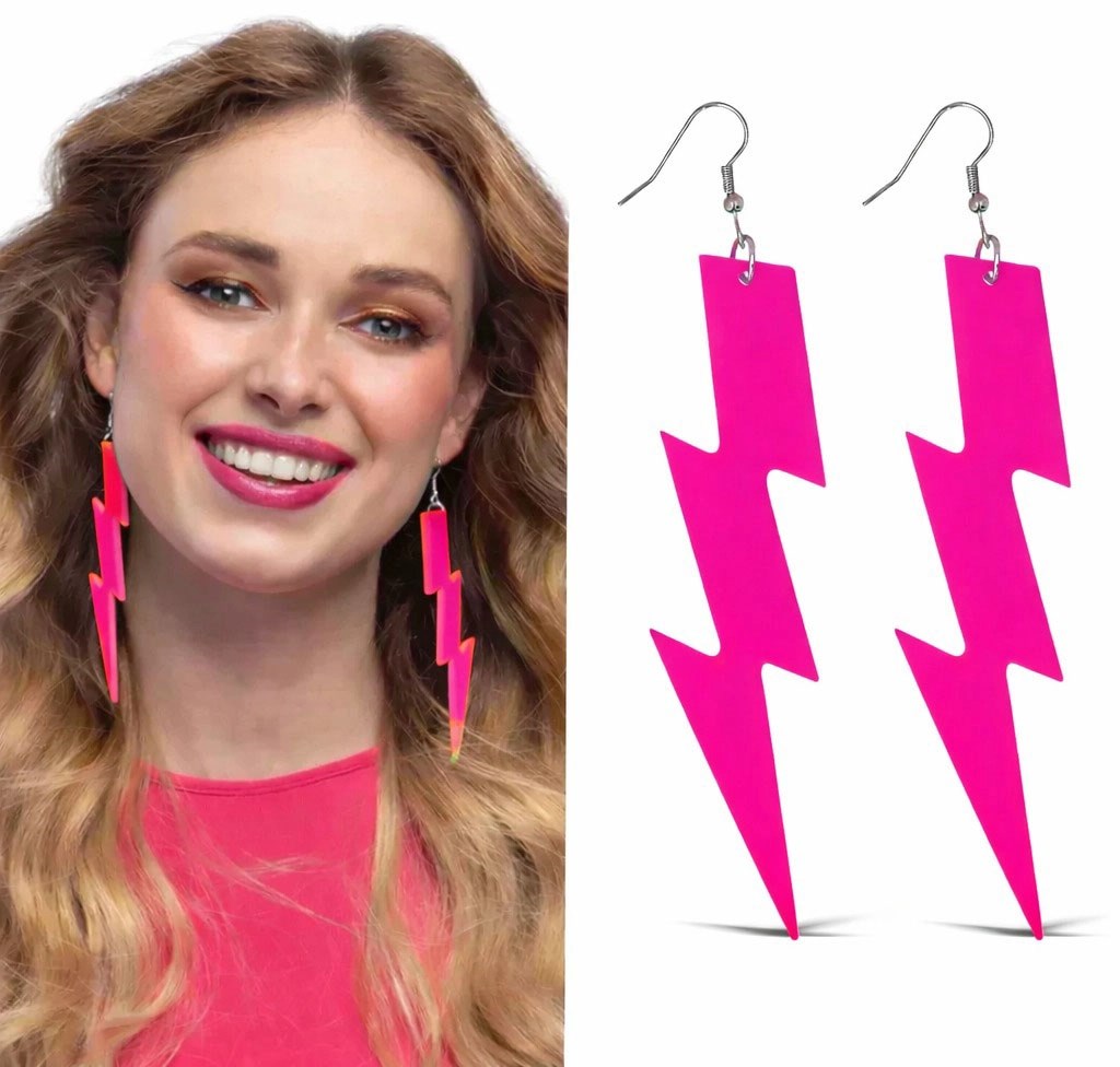 Mey İthalat® 80’ler 90&amp;#39;lar Retro Neon Pembe Şimşek Küpe 10 cm