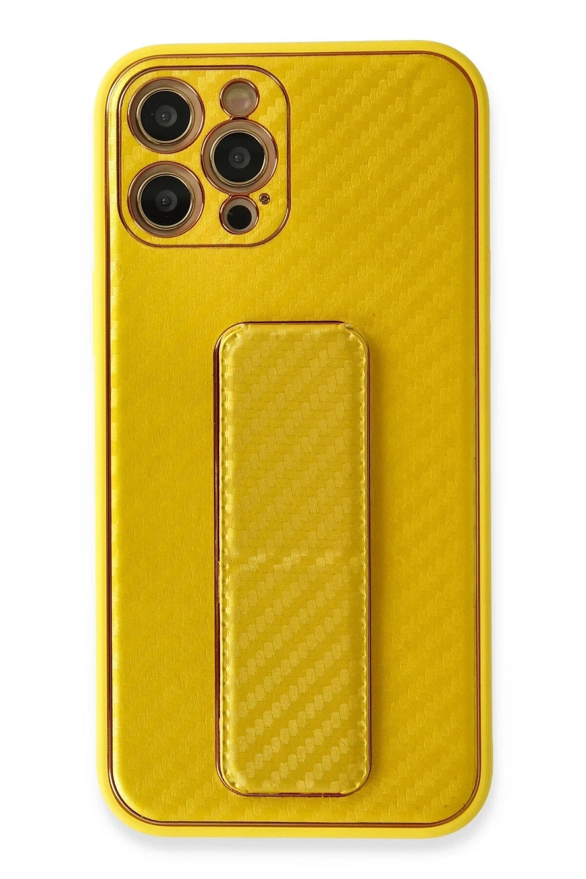 Mey İthalat® iPhone 12 Pro Kılıf Coco Karbon Standlı Kapak - Sarı