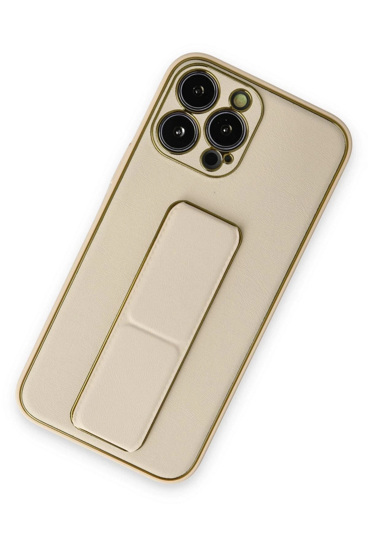 Mey İthalat® iPhone 13 Pro Kılıf Coco Deri Standlı Kapak - Gold