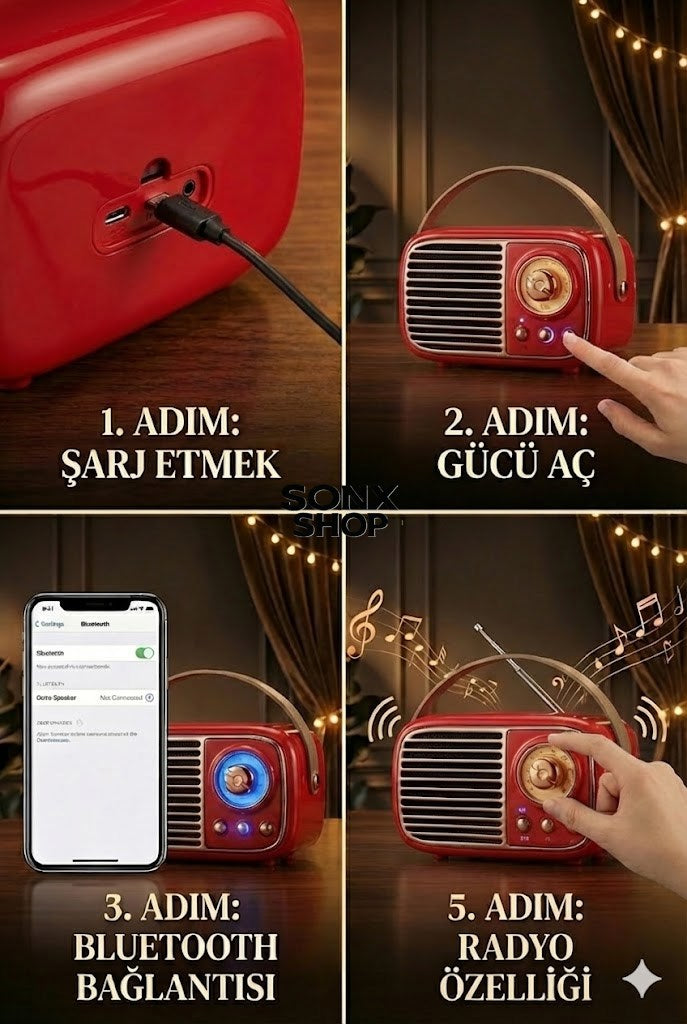 SONX Nostaljik Retro Bluetooth - FM Radyo, USB ve Bluetooth Kablosuz Hoparlör