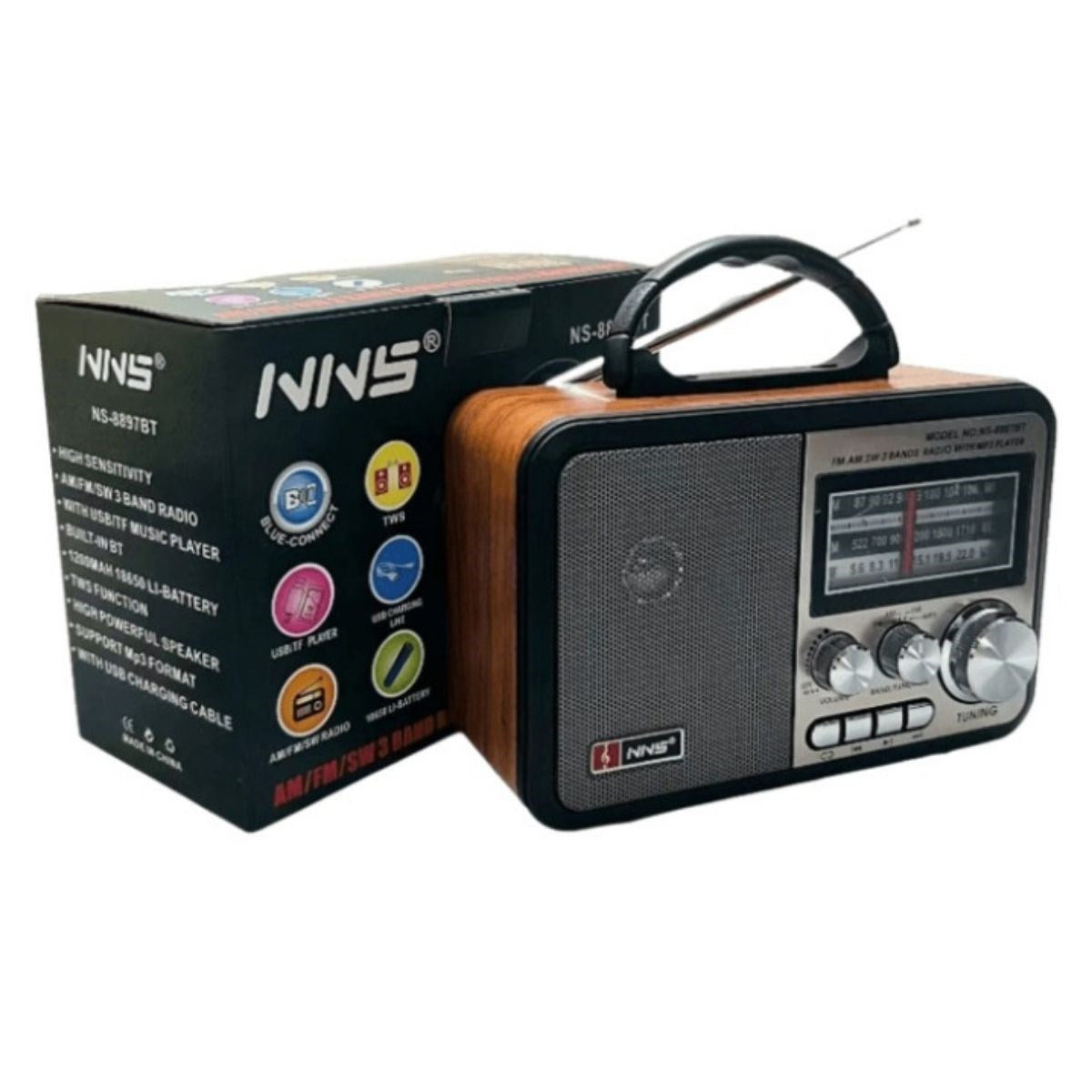 Orta Boy Retro, Nostaljik, Ahşap Tasarım Bluetooth Hoparlörlü, Şarjlı, Taşınabilir FM/AM Destekli Radyo NS-8897