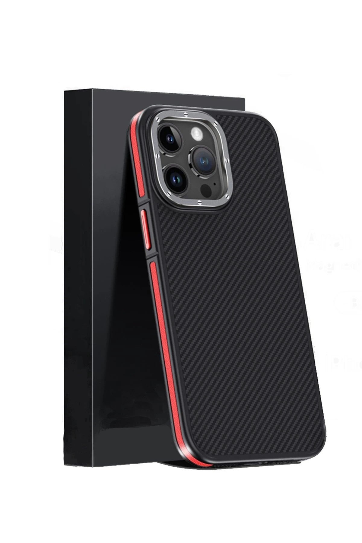 Mey İthalat® iPhone 15 Pro Max Kılıf Aramid 600D Kevlar Karbon Fiber Magsafe Kapak - Kırmızı