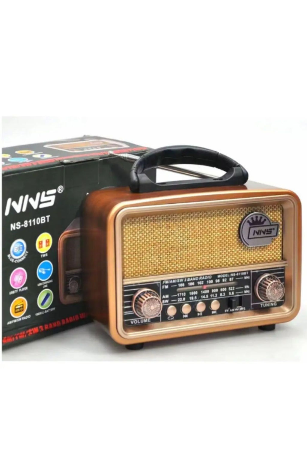 Orta Boy Retro, Nostaljik, Ahşap Tasarım Bluetooth Hoparlörlü, Şarjlı, Taşınabilir FM/AM Destekli Radyo NS-8110