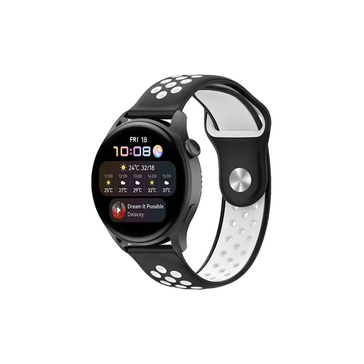 Mey İthalat® Watch 20mm Spor Delikli Kordon - Siyah-Beyaz