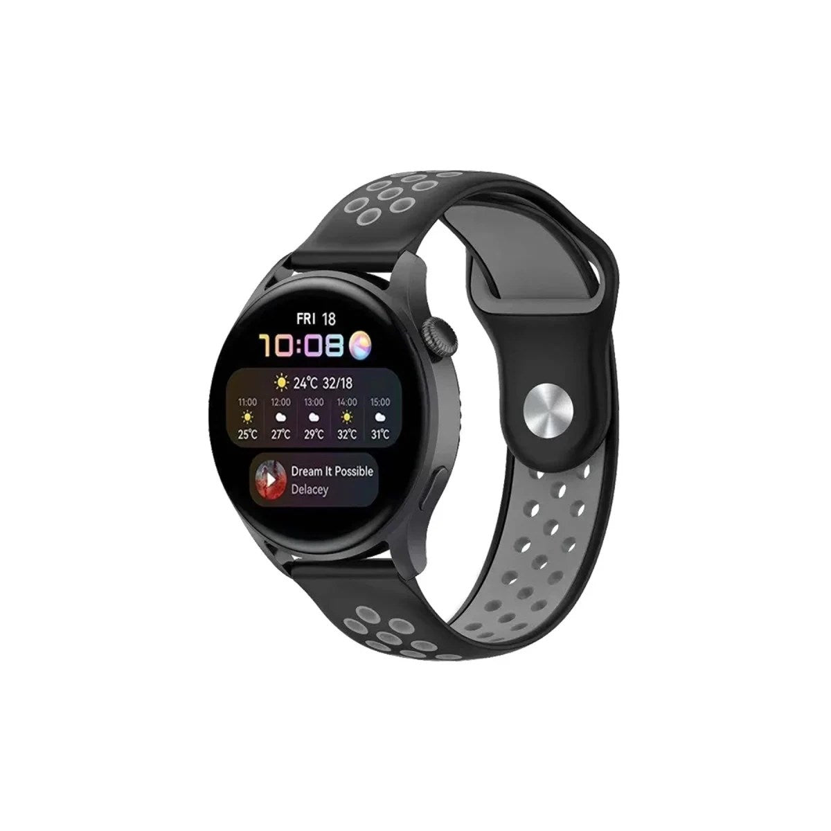 Mey İthalat® Watch 20mm Spor Delikli Kordon - Siyah-Gri