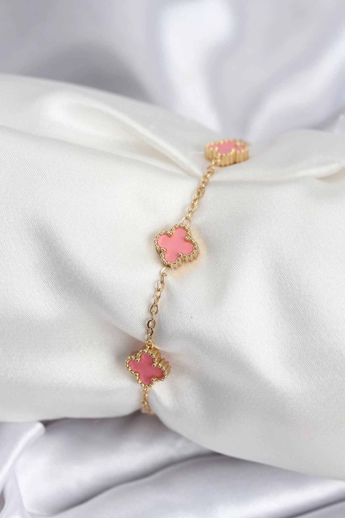 Mey İthalat® 316L Çelik Gold Renk Pembe Baby Boy Yonca Kadın Bileklik