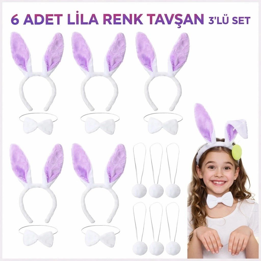 Mey İthalat® Lila Tavşan Sahne Seti 6&amp;#39;lı Set Taç Papyon Kuyruk