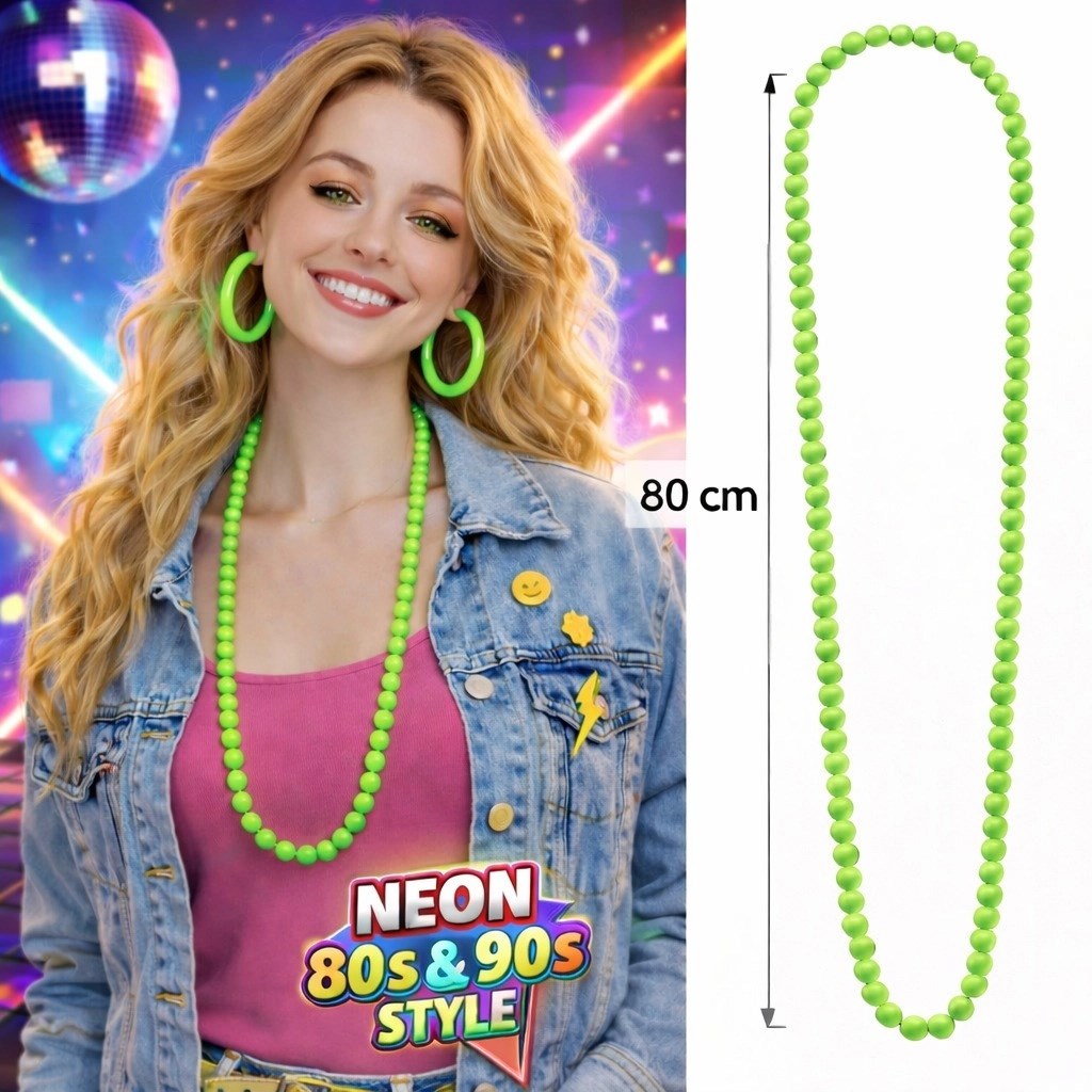 Mey İthalat® Neon Yeşil Boncuk Kolye 80 cm – Retro 80’ler 90’lar Parti Aksesuarı