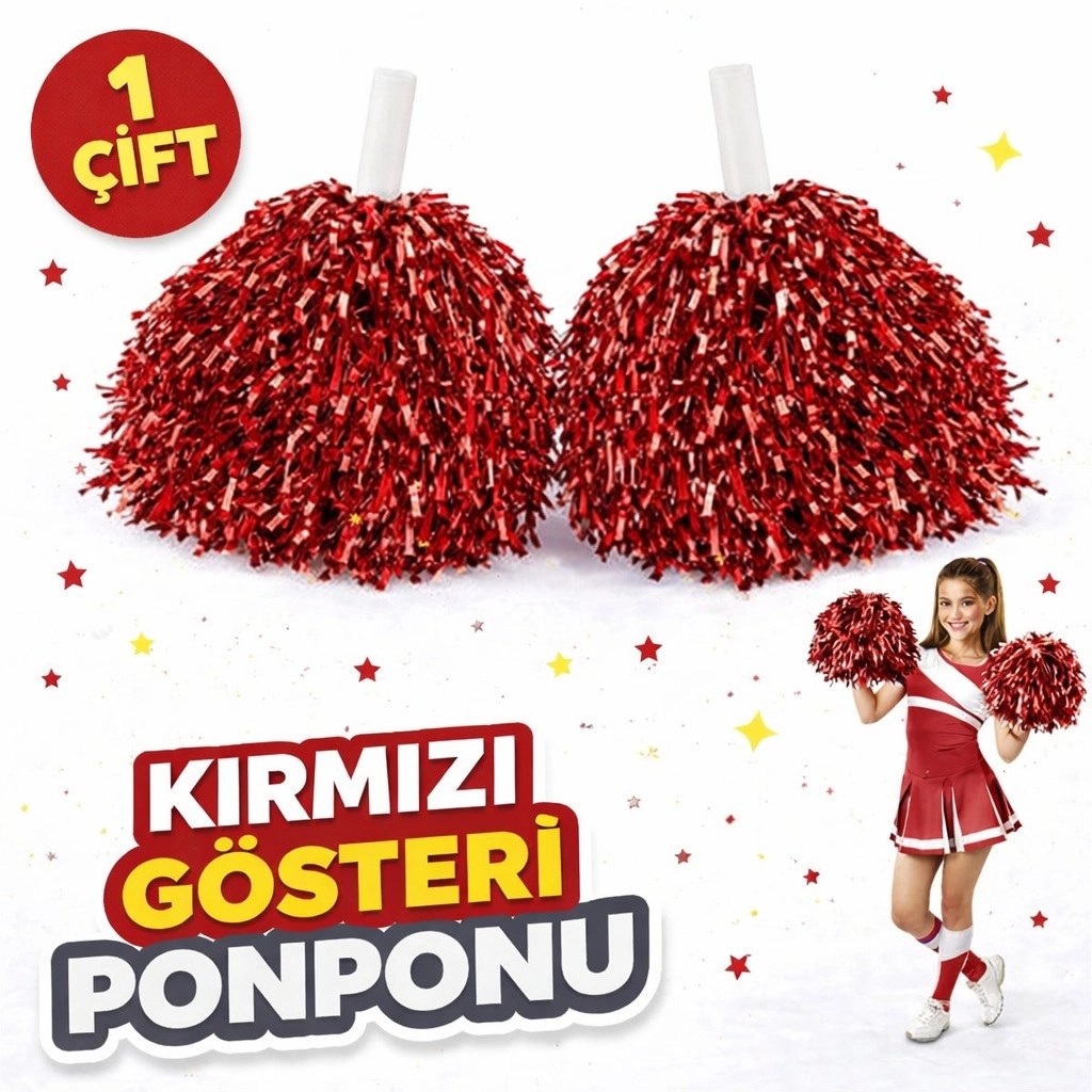 Mey İthalat® 1 Çift ( 2 Adet ) Kırmızı Renk 23 Nisan 19 Mayıs 29 Ekim Okul Gösteri Ponponları Ekstra Dolgun