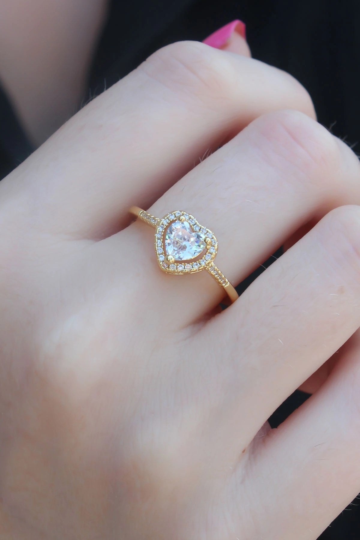 Mey İthalat® Gold Renk Zirkon Taşlı Kalp Model Charm Pirinç Kadın Yüzük