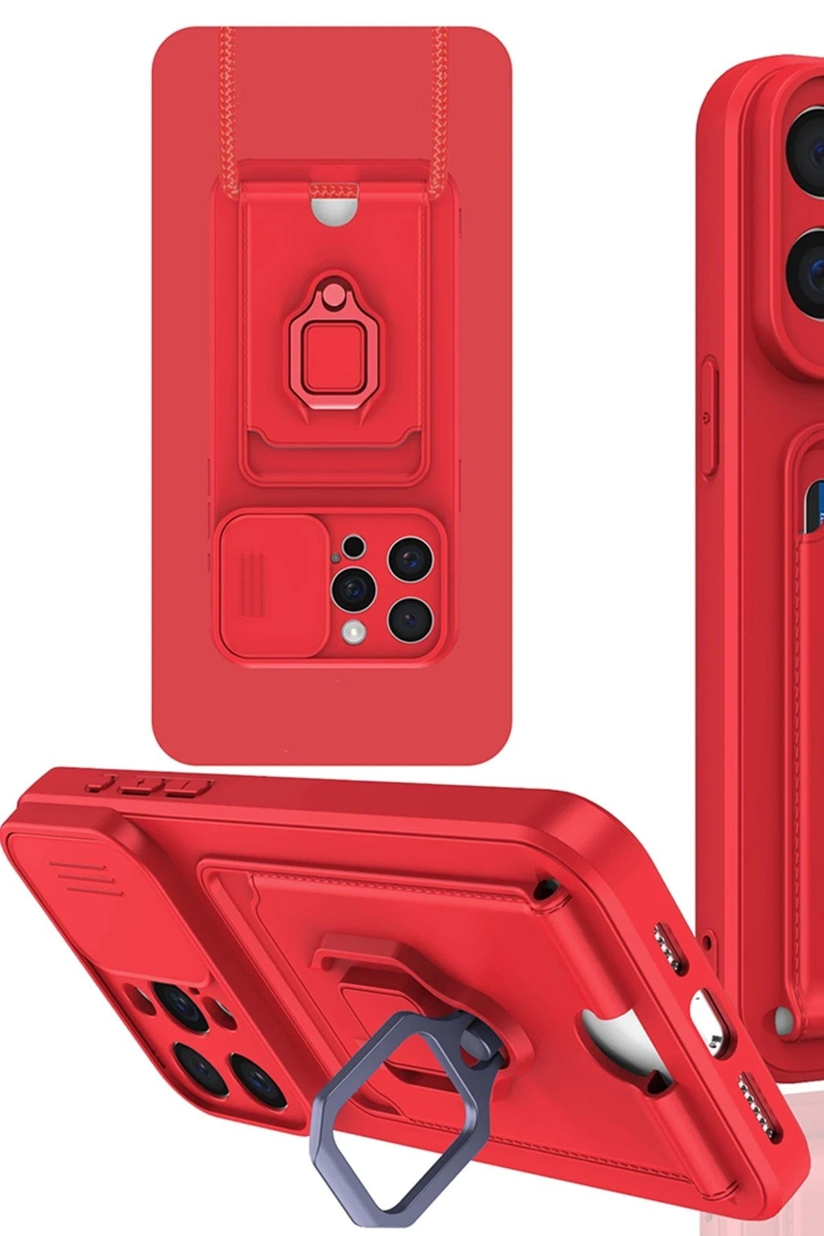 Mey İthalat® iPhone 15 Pro Max Kılıf Zuma Kartvizitli Yüzüklü Silikon - Kırmızı